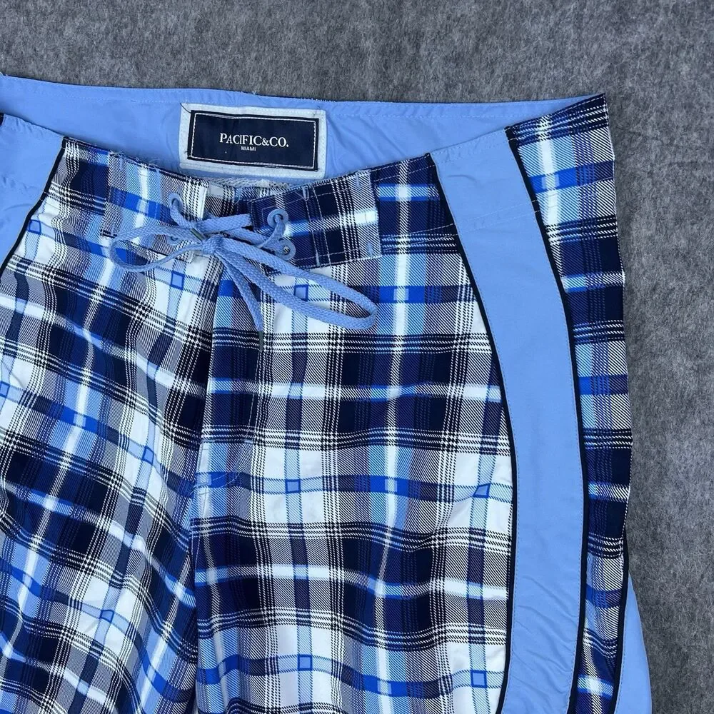 Pacific and Co Men's Swim Trunks Light Blue Black Plaid Board Shorts Size XL